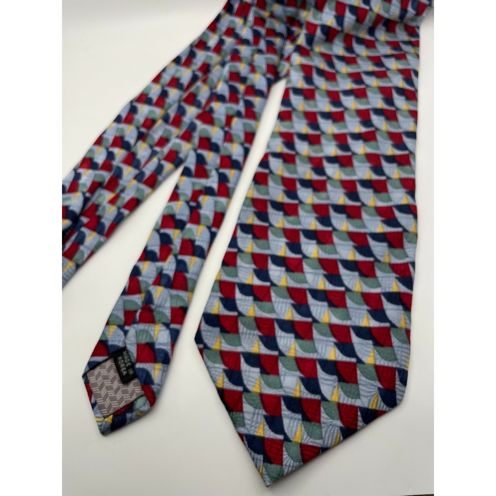 Pierre Balmain Couture Silk Tie Mens Red Blue Geometric Fan Mosaic Hand Made